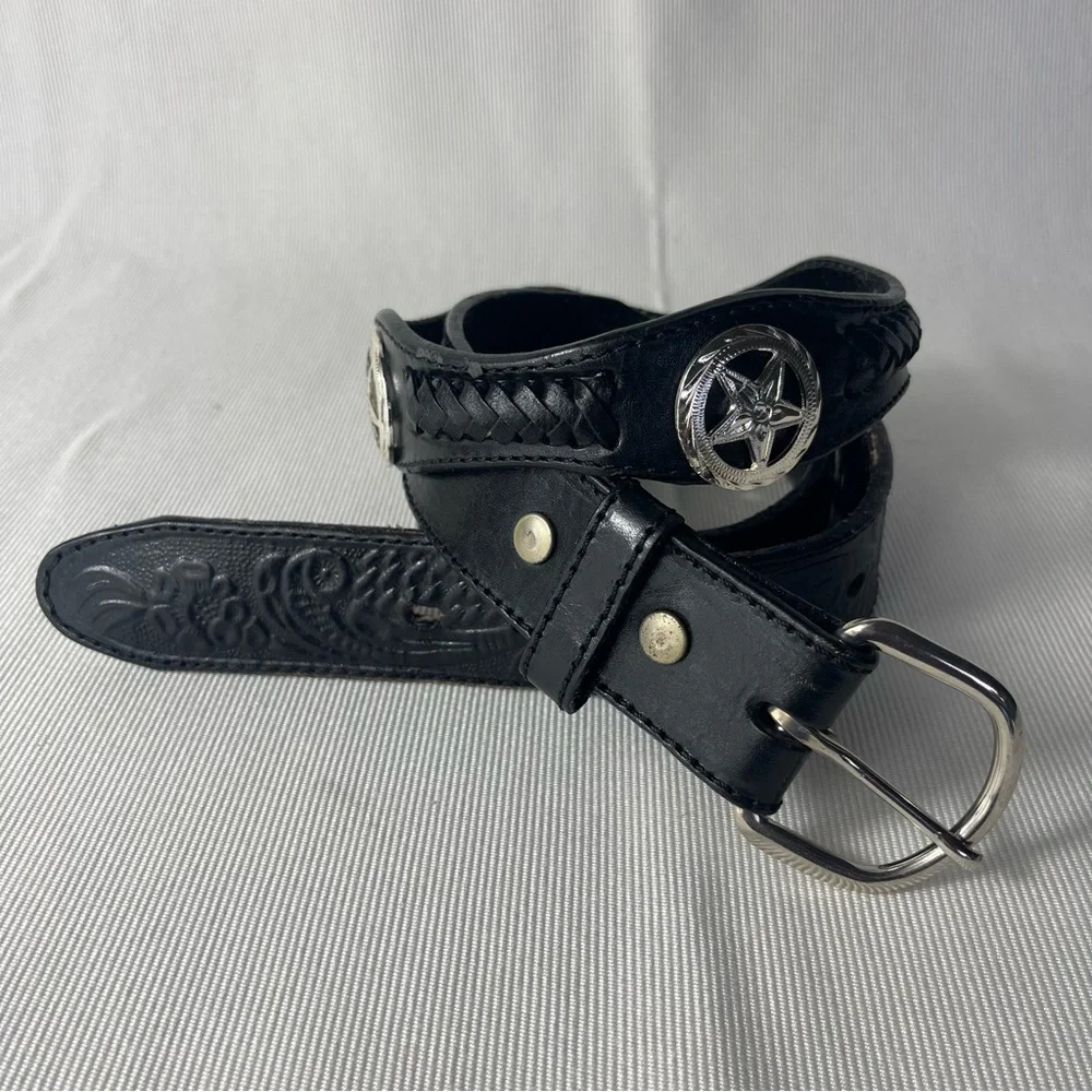 Silver Western Concho Cowboy Belt Black Tooled
Braided Leather Sz 44 - Picture 1 of 14